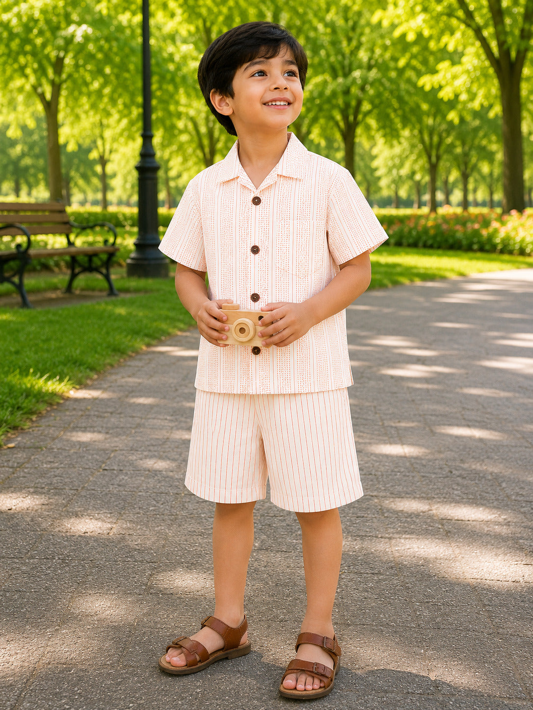 Cotton Peach Striped Coord Set – Shirt & Shorts Summer Outfit