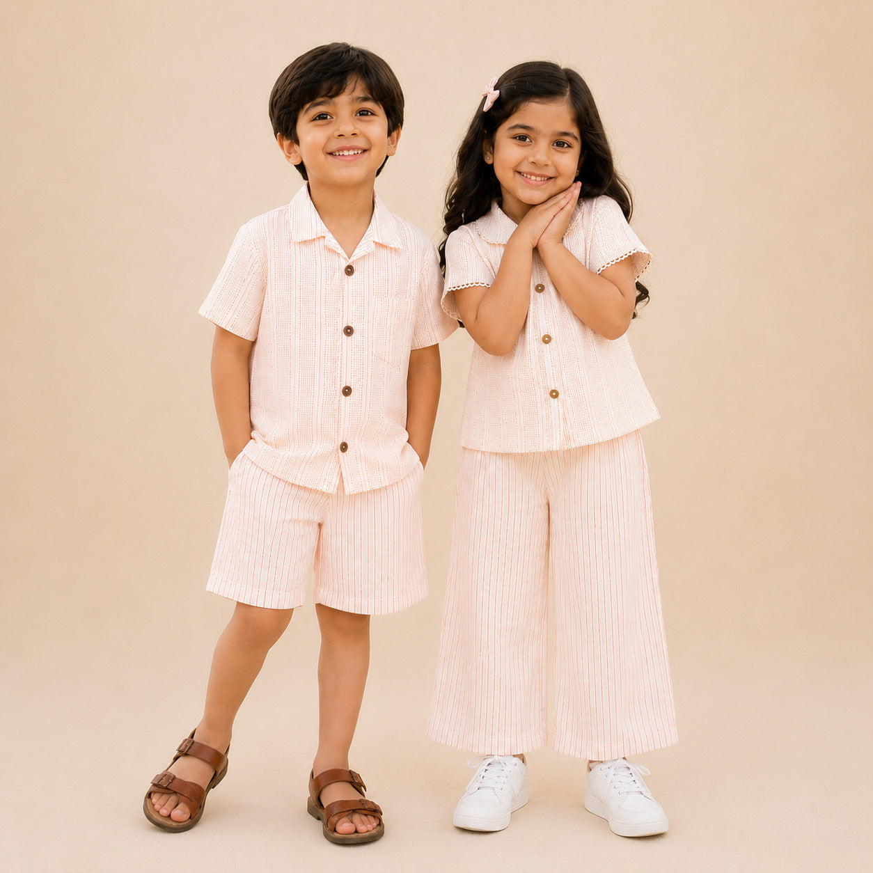 Boys Peach Striped Cotton Co-ord Set | Shirt & Shorts Summer Outfit