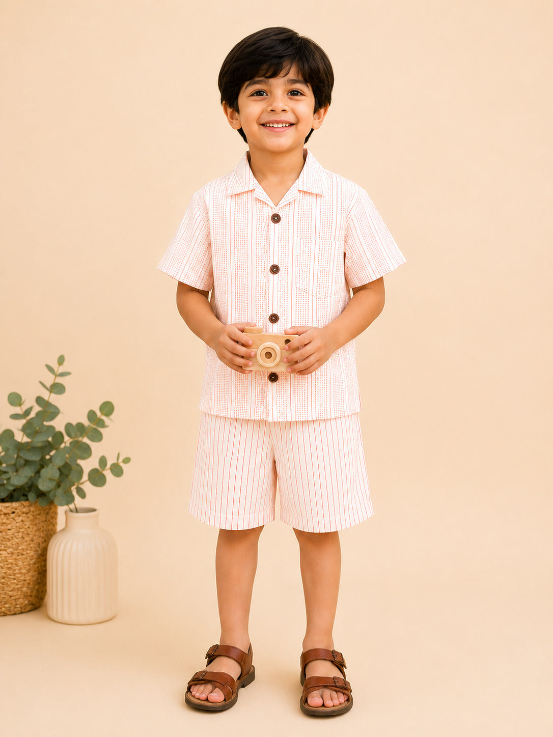 Boys Peach Striped Cotton Co-ord Set | Shirt & Shorts Summer Outfit