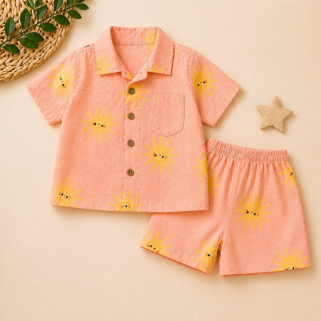 Linen Cotton Coord Set Peach Sun Print Shirt & Shorts Summer Outfit Set