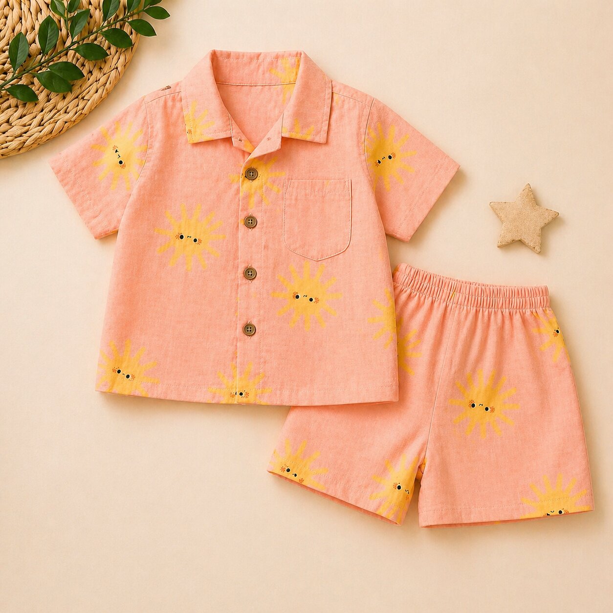 Linen Cotton Coord Set Peach Sun Print Shirt & Shorts Summer Outfit Set