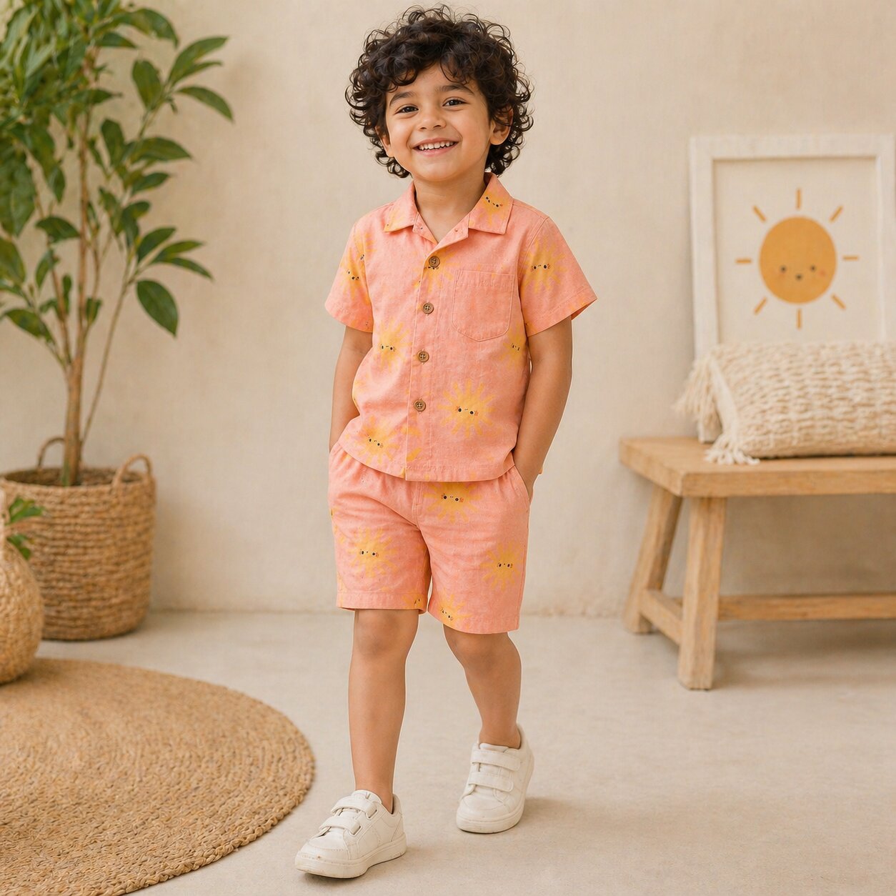 Linen Cotton Coord Set Peach Sun Print Shirt & Shorts Summer Outfit Set