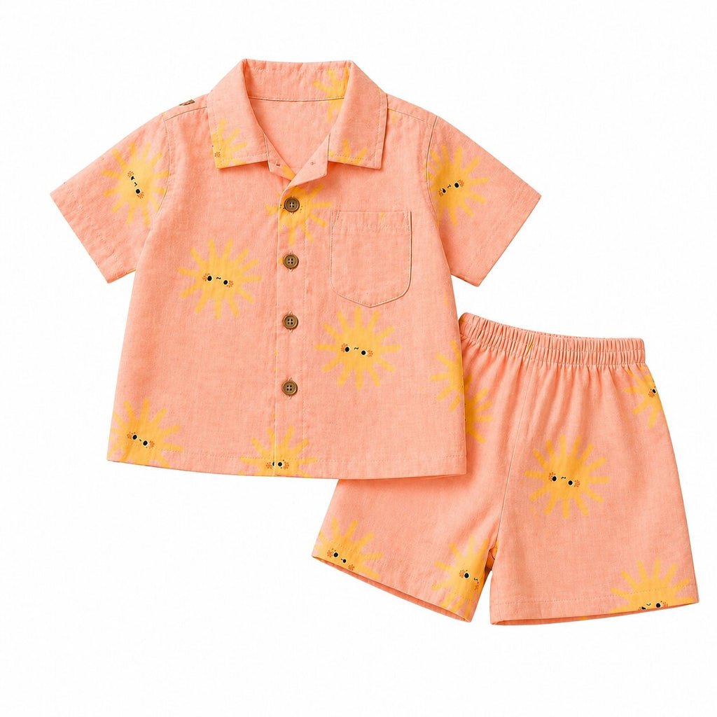 Linen Cotton Coord Set Peach Sun Print Shirt & Shorts Summer Outfit Set