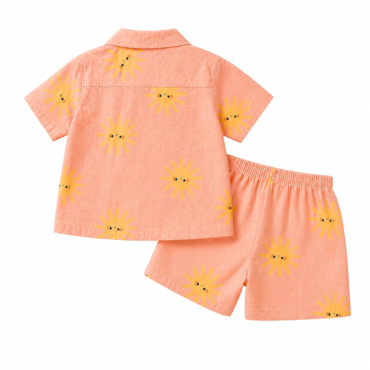 Linen Cotton Coord Set Peach Sun Print Shirt & Shorts Summer Outfit Set