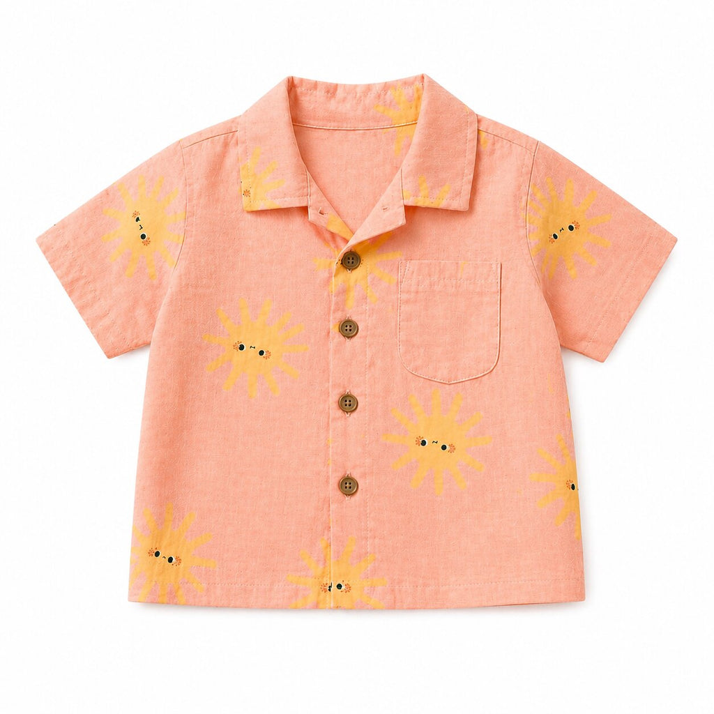 Linen Cotton Coord Set Peach Sun Print Shirt & Shorts Summer Outfit Set