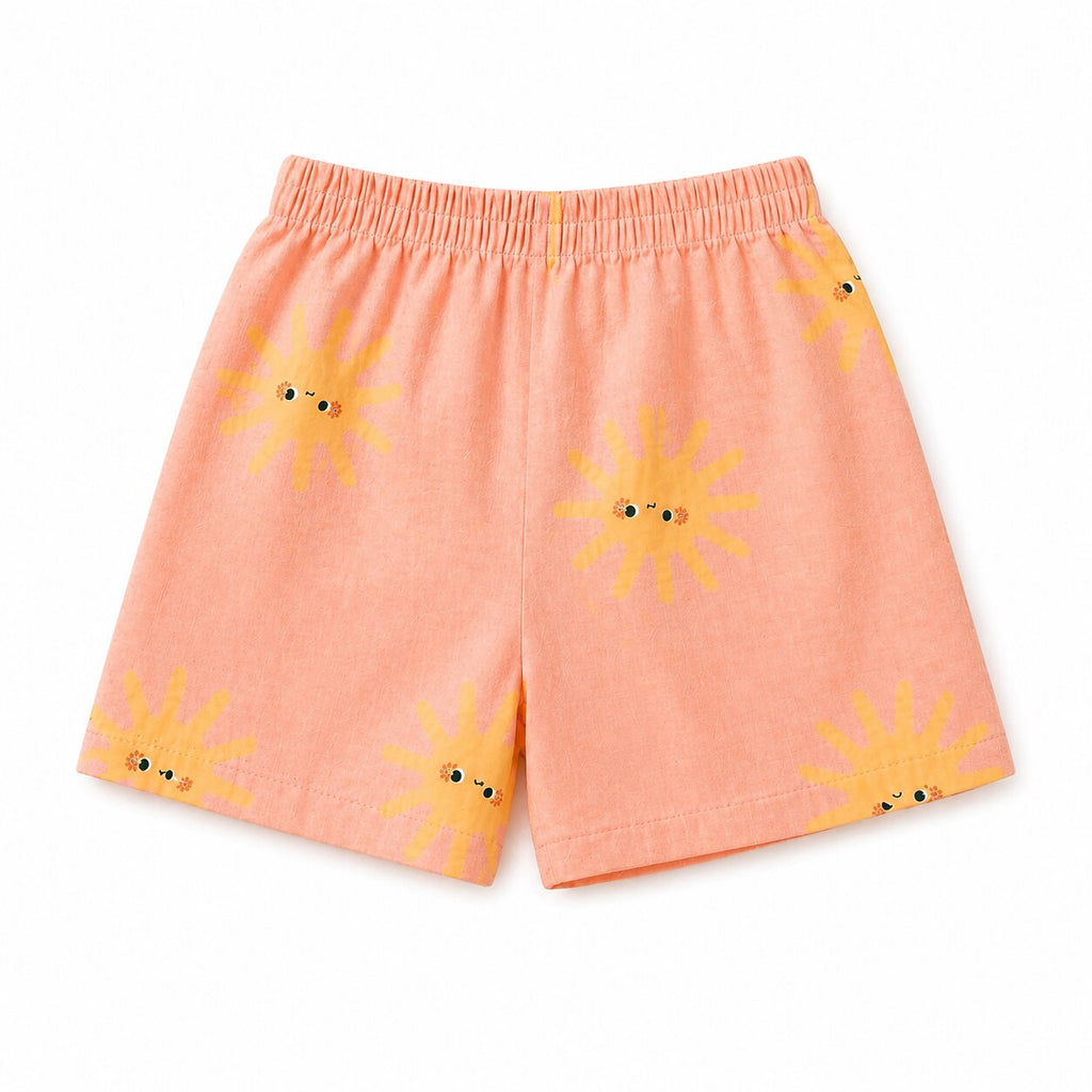 Linen Cotton Coord Set Peach Sun Print Shirt & Shorts Summer Outfit Set