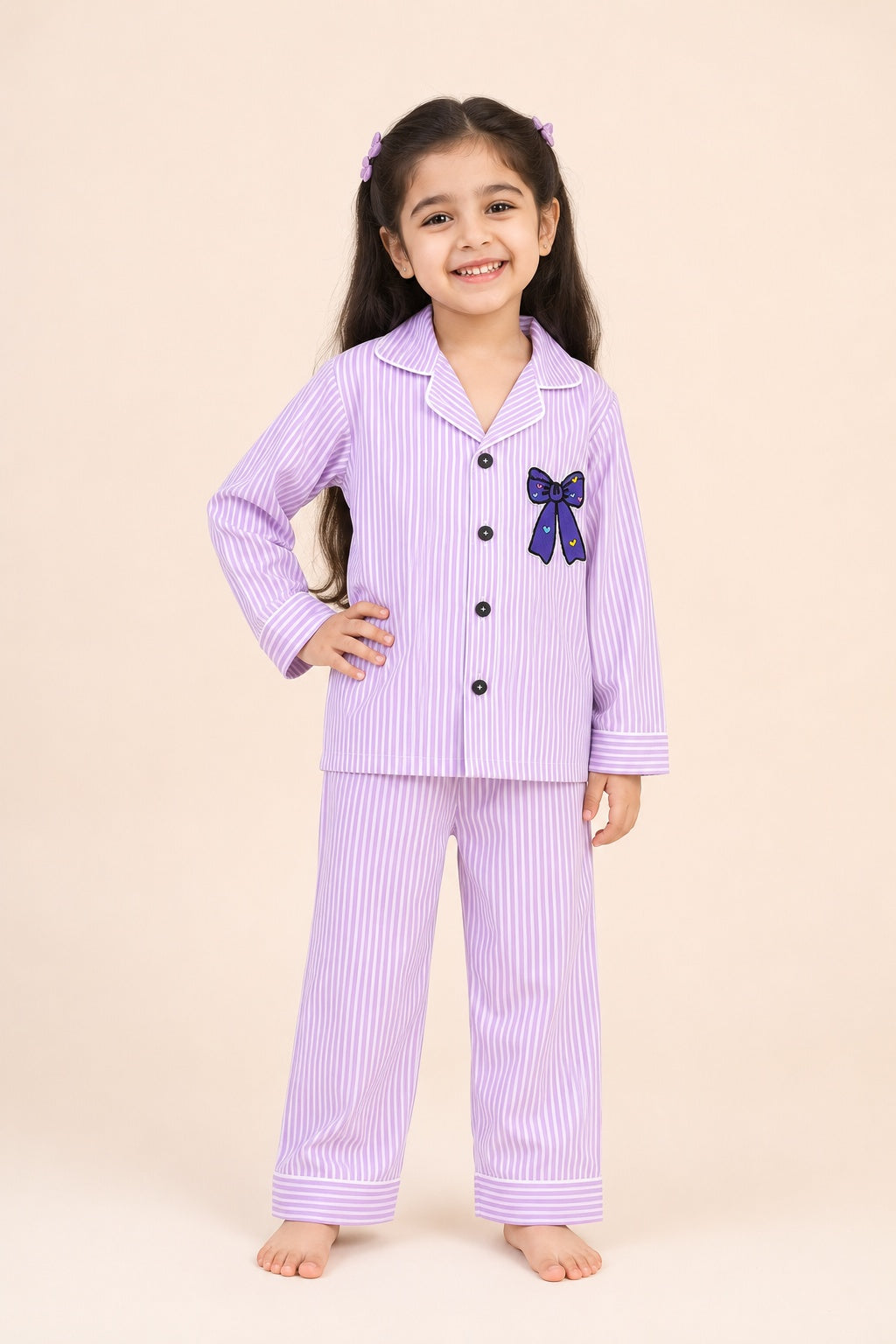 Girls Lavender Striped Cotton Night Suit With Bow Patch | Full Sleeves