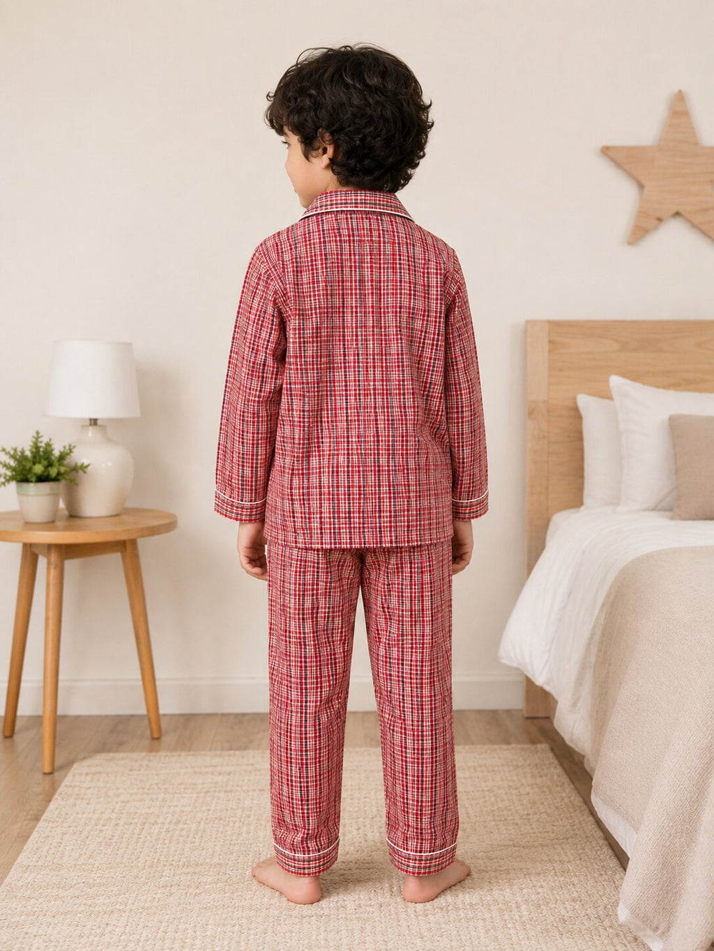 Cotton Checked Full Sleeve Night Suit Set with Button-Down Shirt & Pyjama - Red