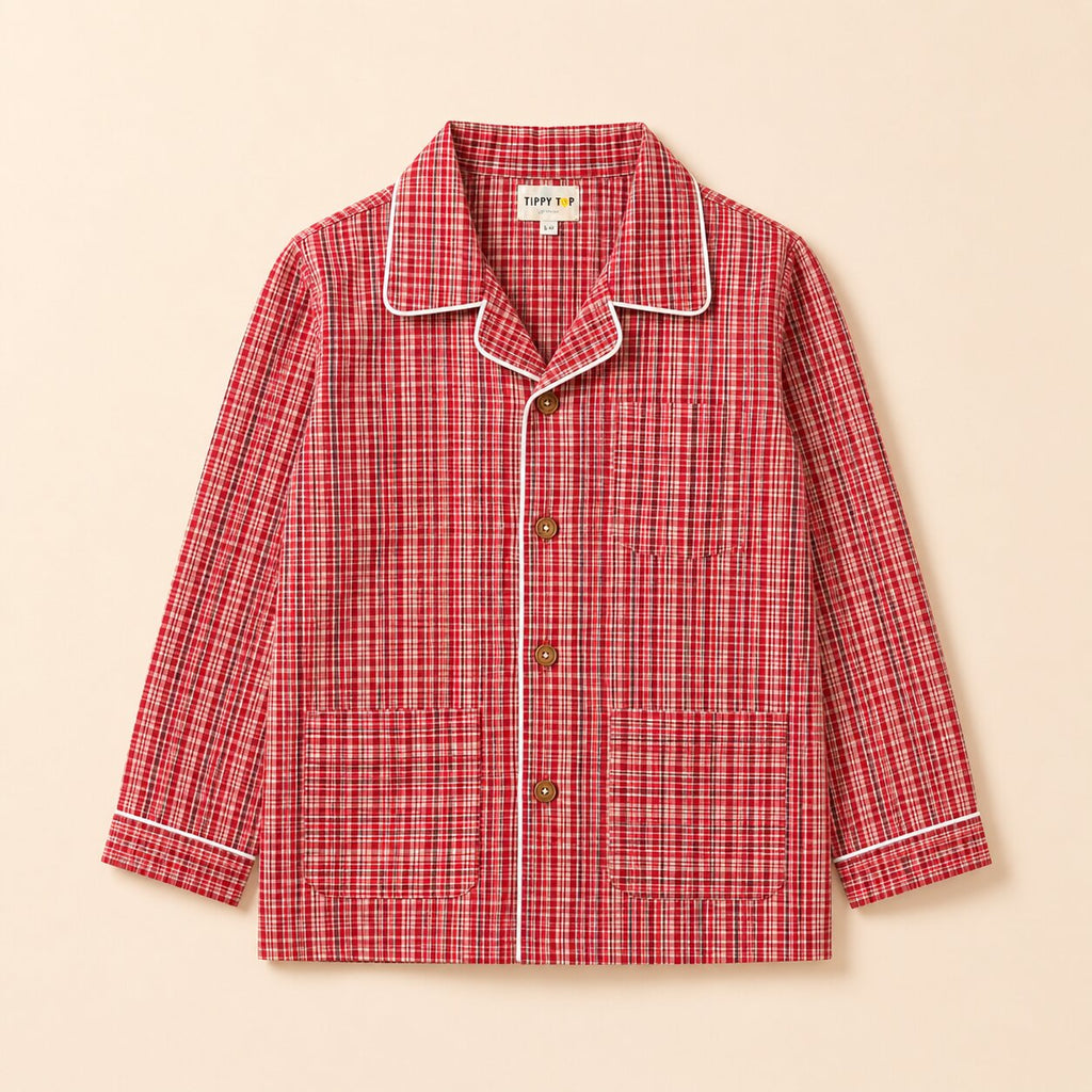 Cotton Checked Full Sleeve Night Suit Set with Button-Down Shirt & Pyjama - Red