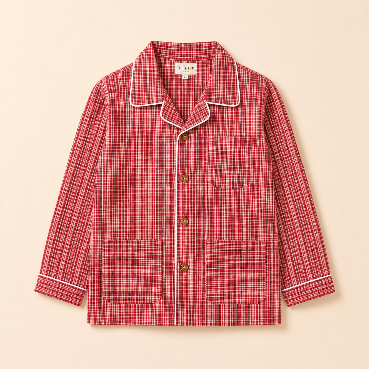 Cotton Checked Full Sleeve Night Suit Set with Button-Down Shirt & Pyjama - Red