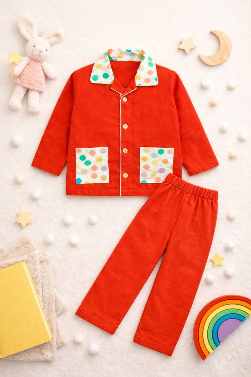 Kids orange cotton printed night suit with dual pockets – front view