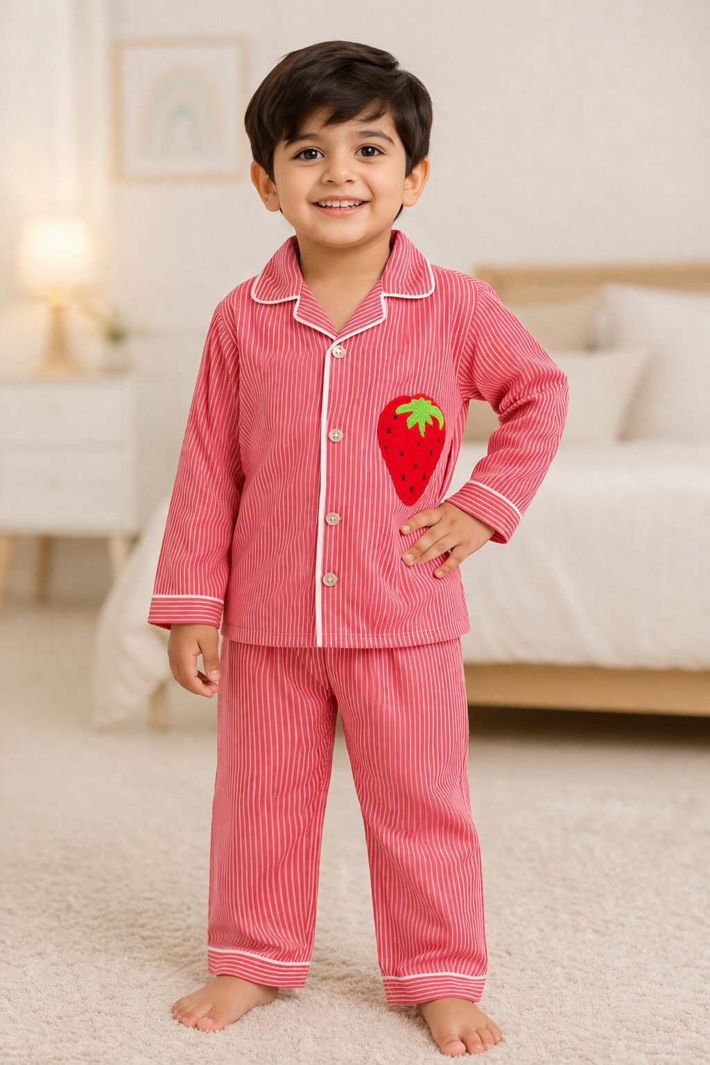 Pure Cotton Red Stripe Strawberry Patch Nightsuit Set