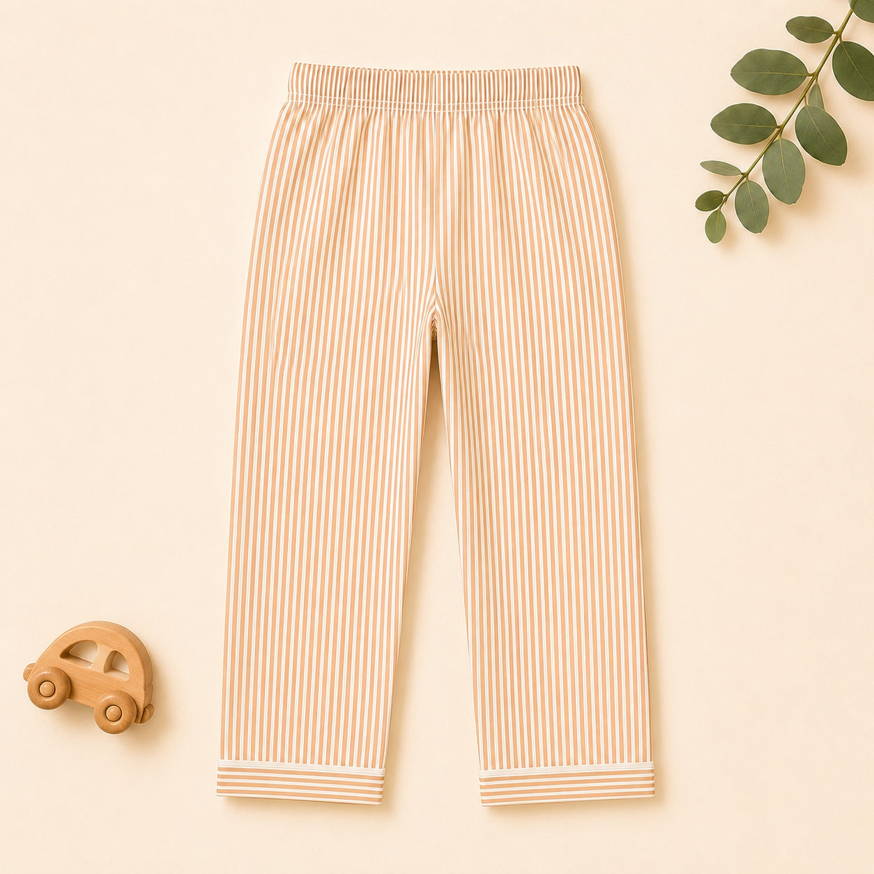 Cotton Striped Full Sleeve Night Suit with Teddy Patch & Pyjama - Beige