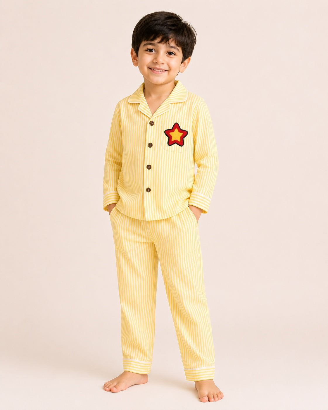 Kids Pure Cotton Night Suit | Yellow Vertical Stripe Full Sleeve Shirt & Pyjama Set with Star Patch