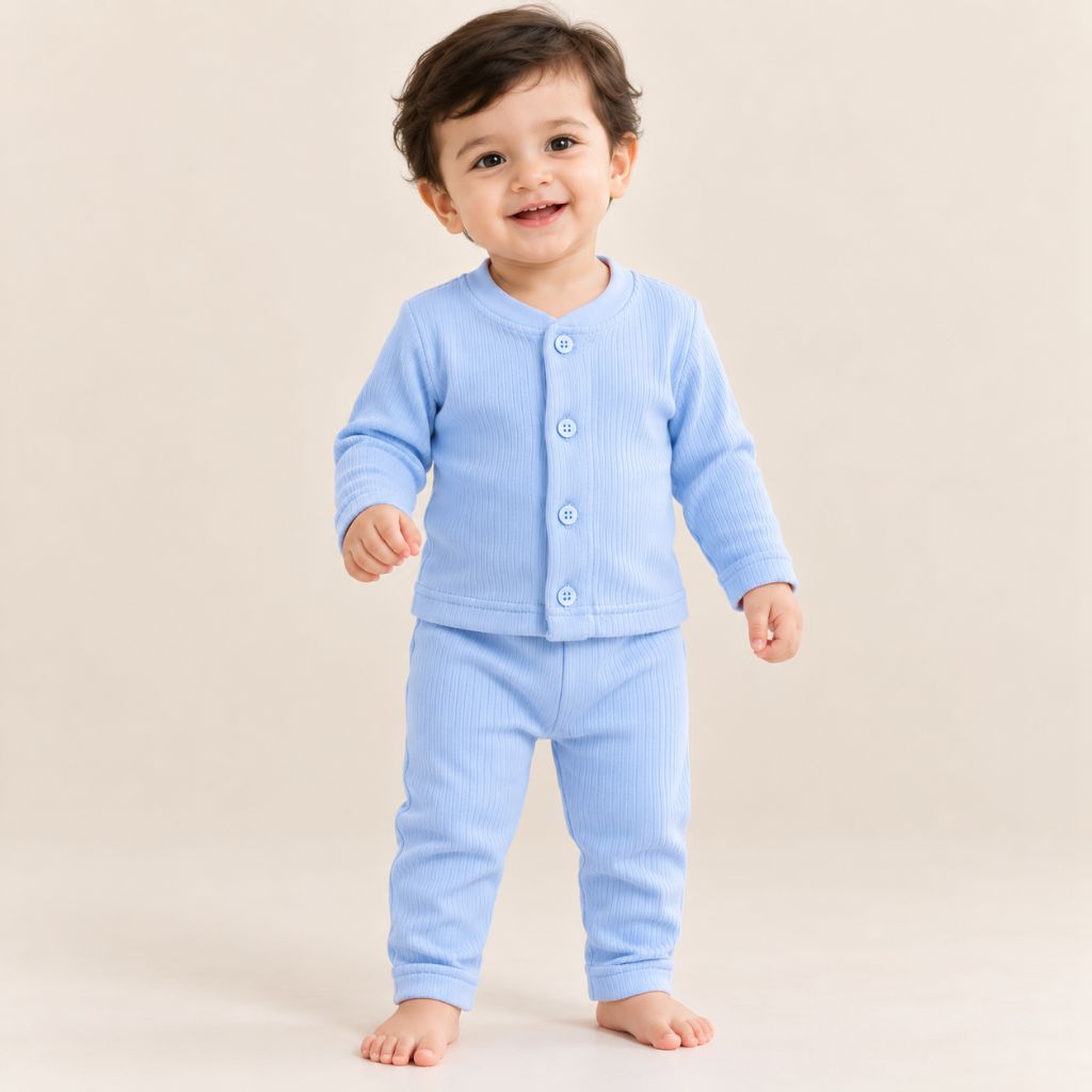 Blue front open thermal vest with buttons and matching pants for infants – Tippy Top