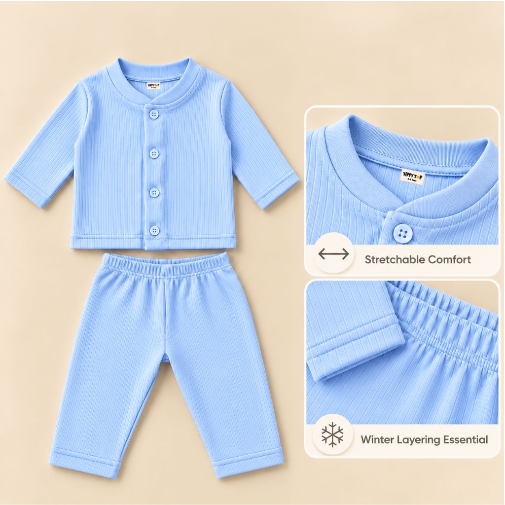 Blue button-down baby thermal innerwear set in soft cotton-blend rib knit, easy nappy changes – Tippy Top