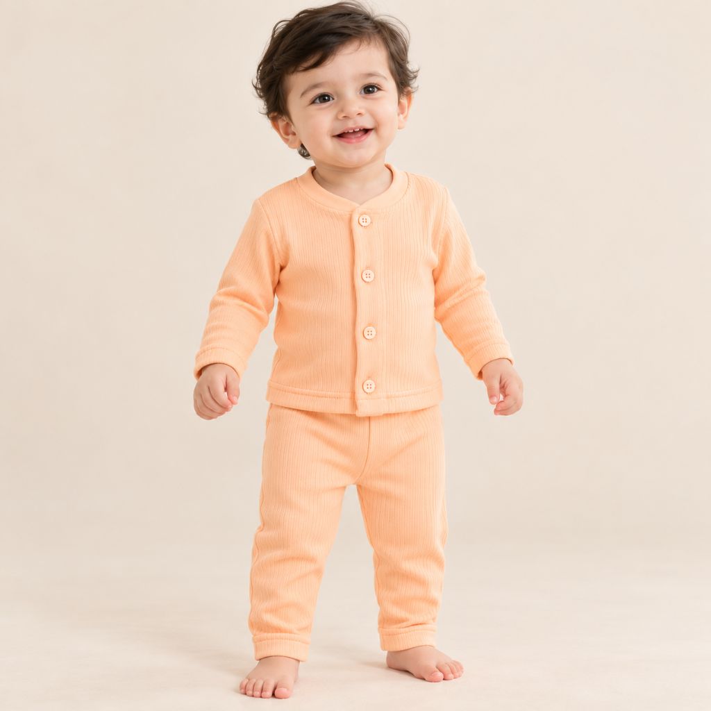 Orange front open thermal vest with buttons and matching pants for infants – Tippy Top