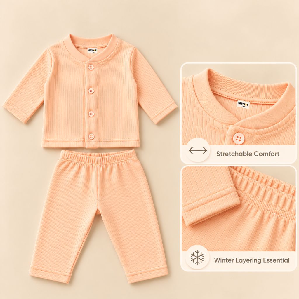 Orange button-down baby thermal innerwear set in soft cotton-blend rib knit, easy nappy changes – Tippy Top