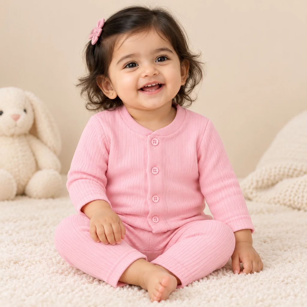 Pink front open thermal vest with buttons and matching pants for infants – Tippy Top