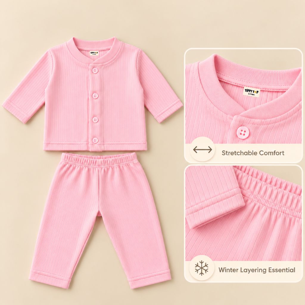 Pink button-down baby thermal innerwear set in soft cotton-blend rib knit, easy nappy changes – Tippy Top