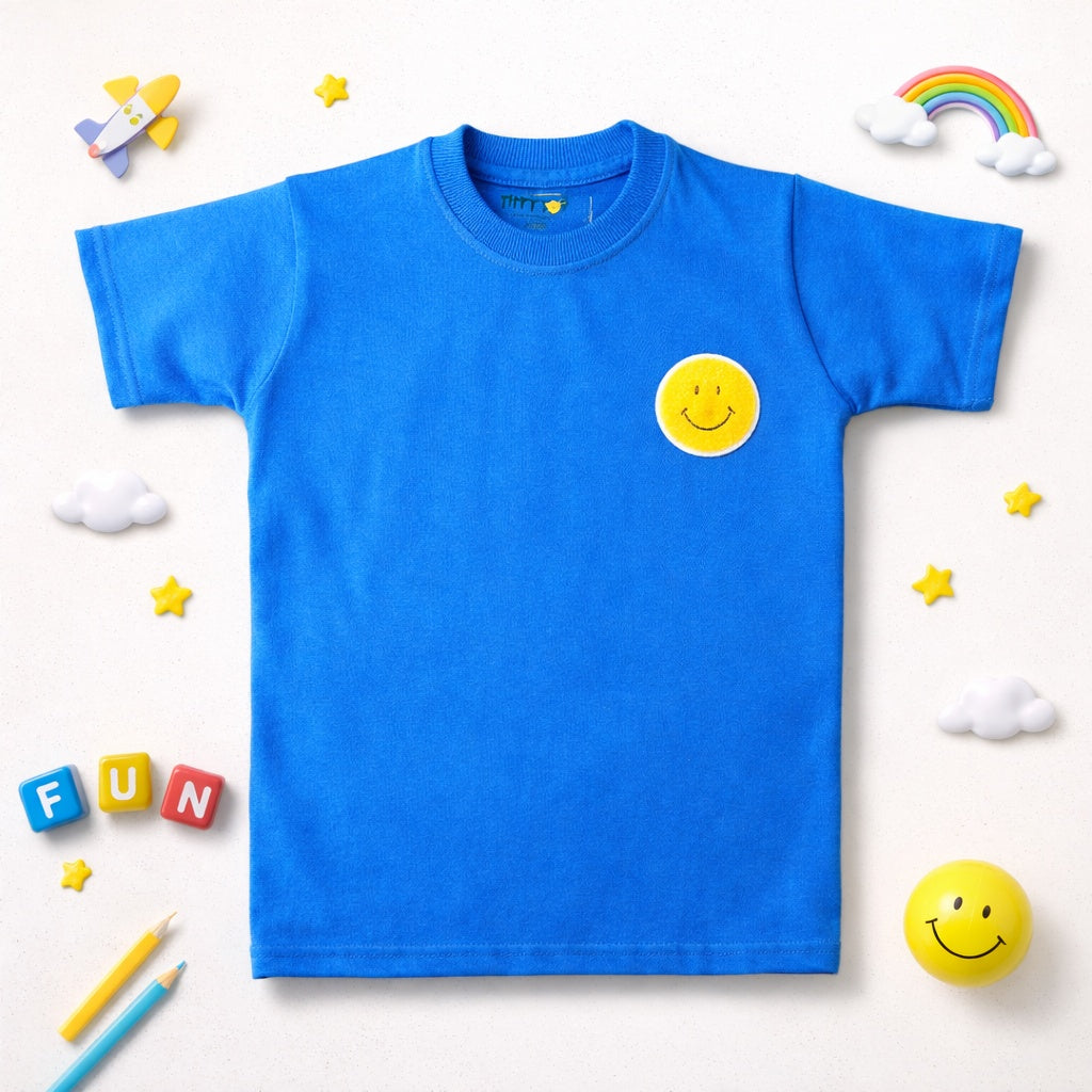 Kids Blue Cotton T-Shirt with Yellow Smiley Motif
