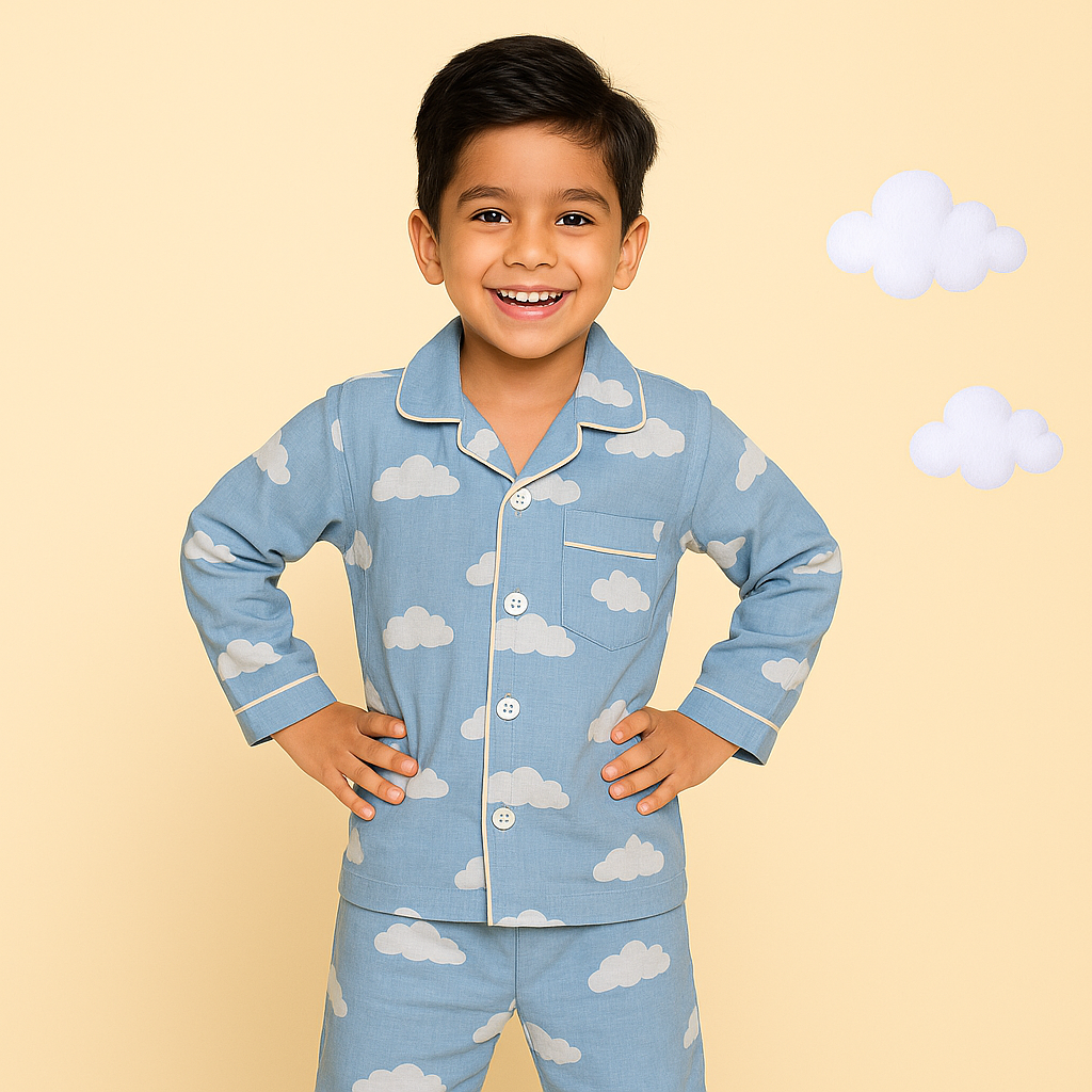 Happy Indian boy wearing Tippy Top blue cloud-printed pure cotton night suit, smiling confidently against a pastel yellow background with soft clouds, showcasing playful and comfortable kids nightwear