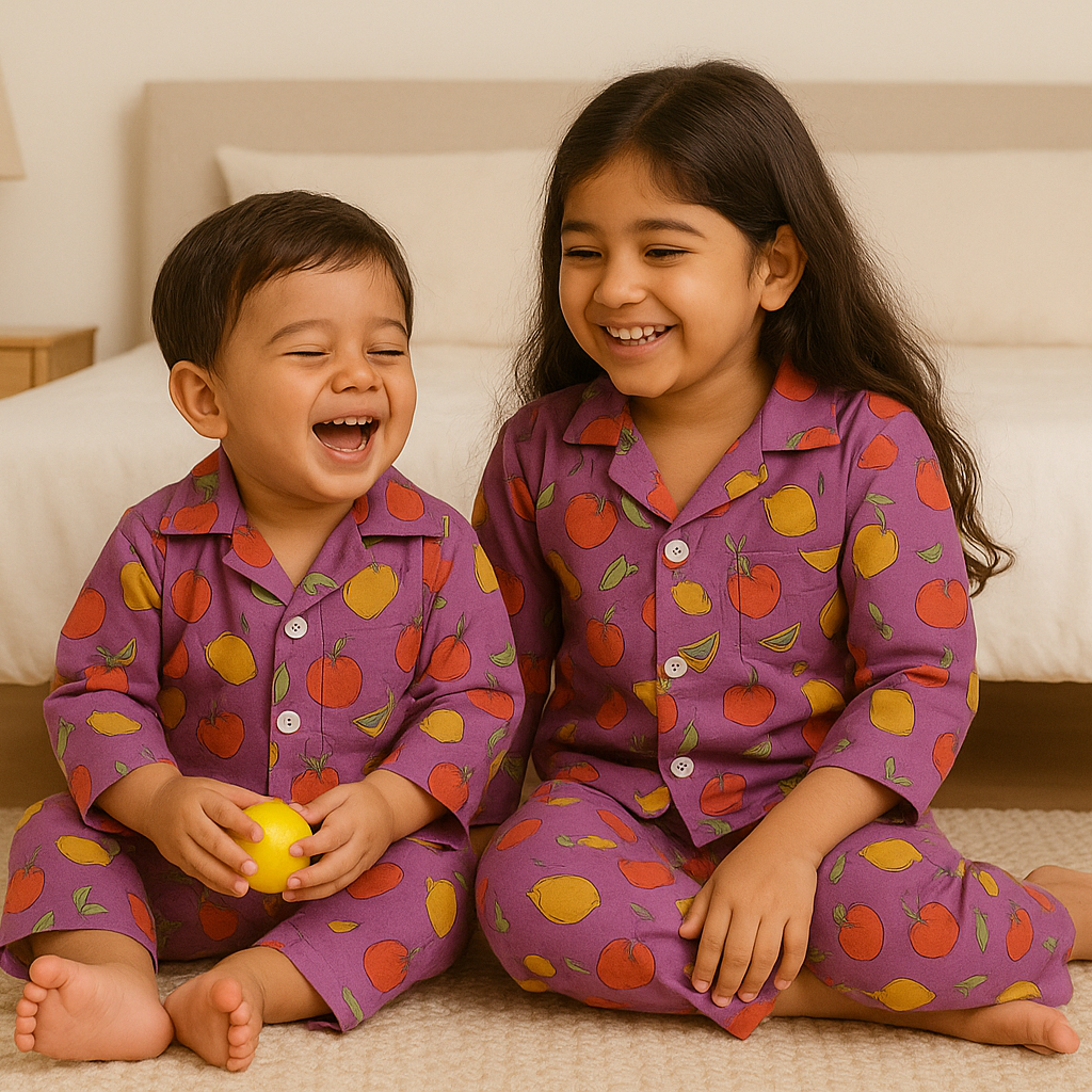 Two happy Indian children, a girl and a toddler boy, wearing matching Tippy Top purple fruit-print cotton night suits while playing joyfully on a cozy bed in a softly lit bedroom.
