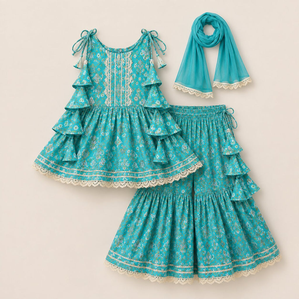 Girls Turquoise Printed Cotton Ruffle Kurti Sharara Set with Dupatta