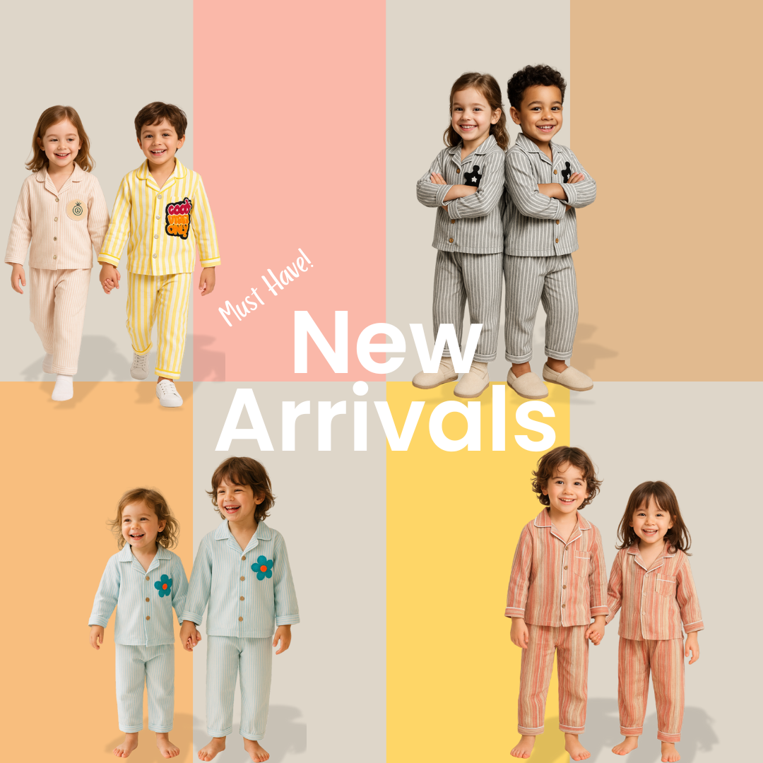 Children wearing pajama sets on a colorful background with 'New Arrivals' text.